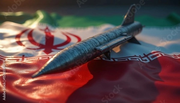 Fototapeta Iranian Missile on National Flag Close Up of Military Weaponry and Geopolitics