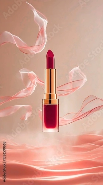 Obraz Image of lipstick tube floating above soft mist surrounded by silky thin veils of ribbons, product presentation.