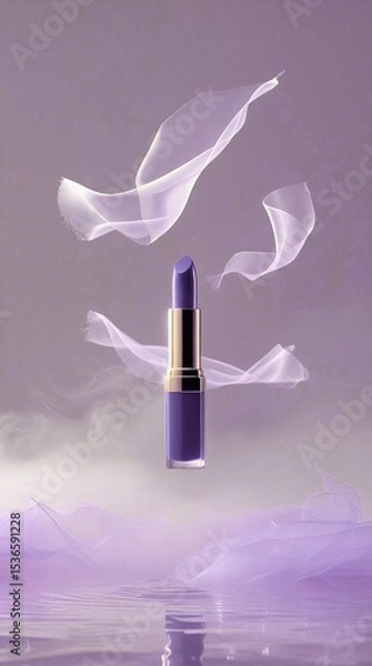 Obraz Image of lipstick tube floating above soft mist surrounded by silky thin veils of ribbons, product presentation.