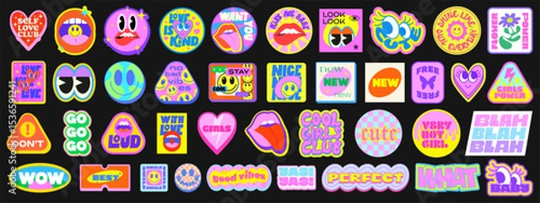 Fototapeta Cool Y2k Girly Stickers Vector Elements Set. Collection Of Funny Pop Art Patches. Groovy Graphics. Cute 2000s Badges