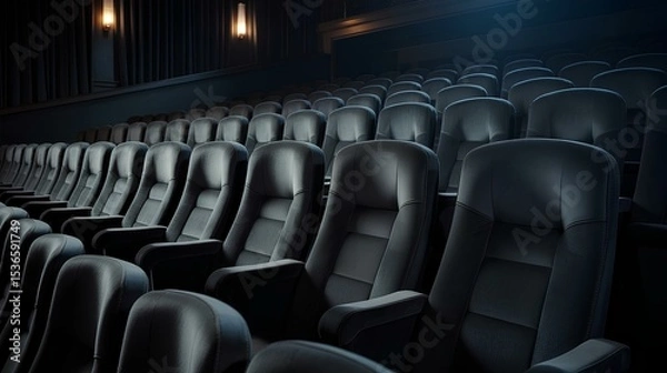 Fototapeta The interior of an upscale empty movie theater with soft black chairs and dim, and professional lighting.