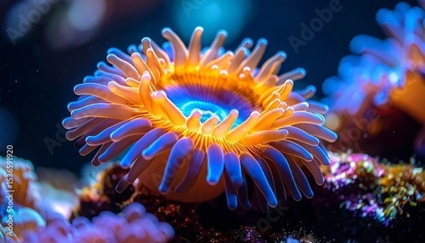 Fototapeta Vibrant Zoanthid Coral Macro underwater shot with glowing colors in a reef aquarium.