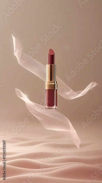 Obraz Image of lipstick tube floating above soft mist surrounded by silky thin veils of ribbons, product presentation.
