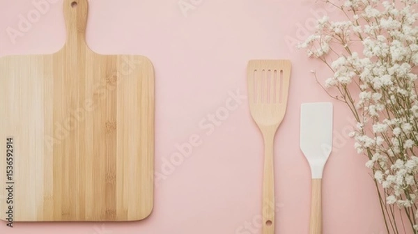 Fototapeta Kitchen set with wooden knife board, spatula, and flower vase. Cooking Set with aesthetic background. Kitchen utensils. Empty middle mockup in pink, beige, and white color. Top-view copy space