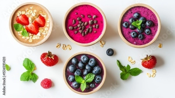 Fototapeta Paper boxes filled with fresh berries, ancient grains, and smoothies on a white background. Healthy smoothies, oats, and berries. Healthy food. Flat lay, top view