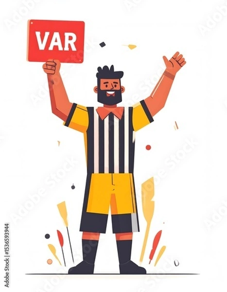 Obraz Football referee raising var sign and celebrating goal or checking decision