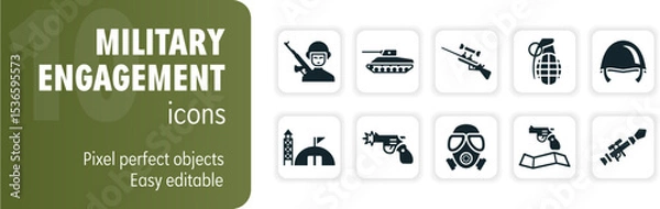 Fototapeta Set of military engagement glyph icons representing various aspects of warfare