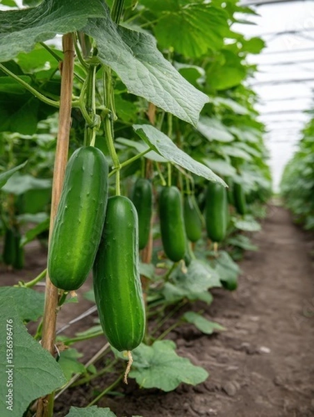 Obraz Fresh Cucumbers Growing in Greenhouse, Representing Sustainable Agriculture and Healthy Eating Habits, Ideal for Food Production and Organic Farming Campaigns : Generative AI