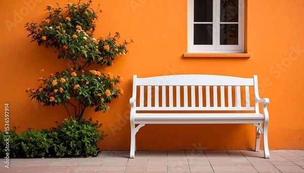 Fototapeta White bench with orange wall  window with surrounded by lush plants, and relaxation scene.