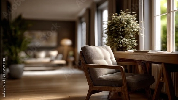 Fototapeta Cozy Home Office Nook With Wooden Desk and Armchair Near Window, Representing Productivity and Comfortable Workspace : Generative AI