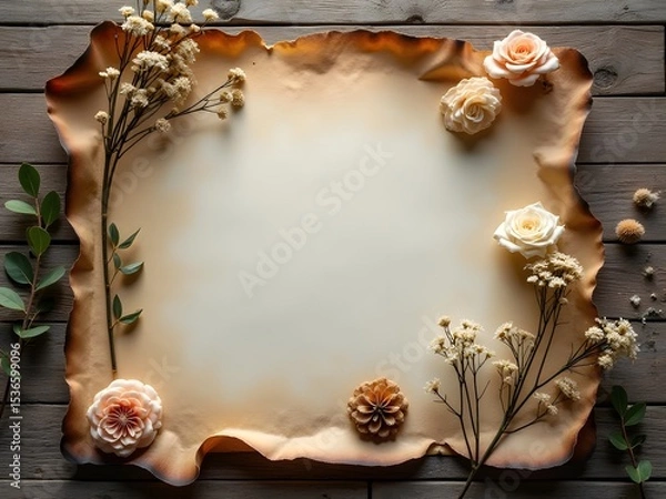 Obraz Flatlay of Torn Vintage Paper with Dried Flowers: Flatlay of torn vintage paper with burnt edges placed on rustic wood, decorated with dried flowers and green leaves in soft natural light.