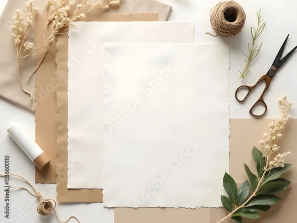Obraz Flatlay of Recycled and Handmade Paper with Craft Tools: Flatlay showing sheets of recycled and handmade textured paper with deckled edges, surrounded by scissors, and glue stick in eco-craft style.