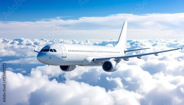 Fototapeta White Passenger Jet Flying High Above the Clouds in a Bright Blue Sky.