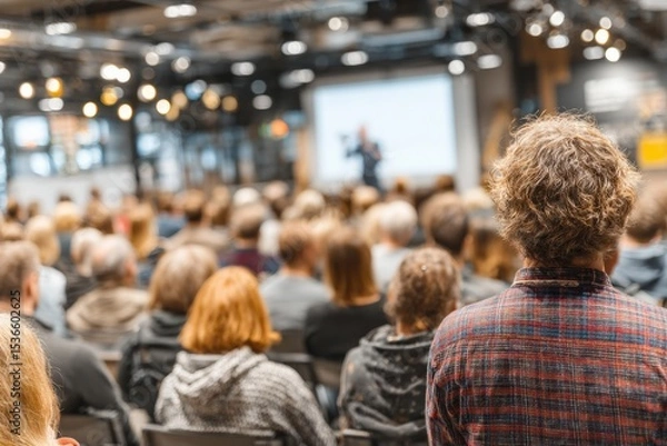 Fototapeta Attendees listening to a speaker giving a presentation at a professional business conference held in a spacious auditorium
