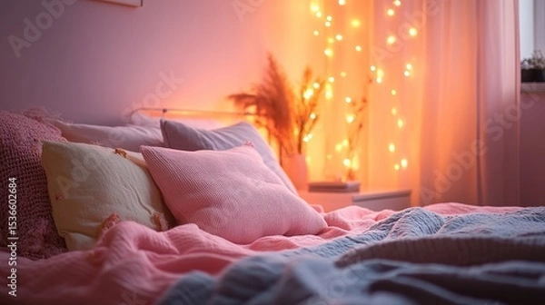Fototapeta Cozy bedroom with soft pink and purple bedding, warm lighting, and decorative fairy lights creating a relaxing and inviting atmosphere.