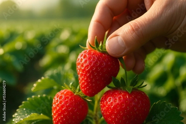 Obraz Hand harvesting ripe strawberries in a lush green field during the early morning light
