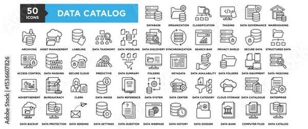 Obraz 50 Data Catalog icon set. Containing design Data inside data reference, data system, data center, data category, cloud storage, catalogue
