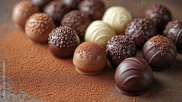 Obraz A variety of chocolate truffles are presented against a background of crumbly cocoa powder: milk, dark and white, decorated with sprinkles and patterns.