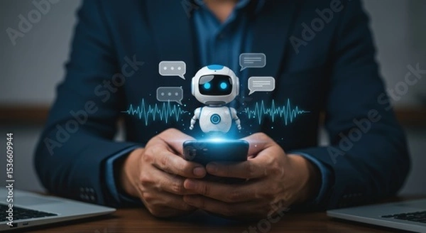 Fototapeta A person uses a smartphone with a chatbot robot and speech bubbles surrounded by waveforms on a wooden desk with laptops