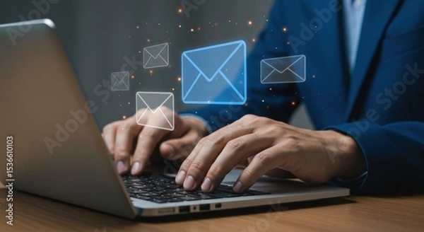 Fototapeta Hands typing on a laptop with email icons floating above the keyboard