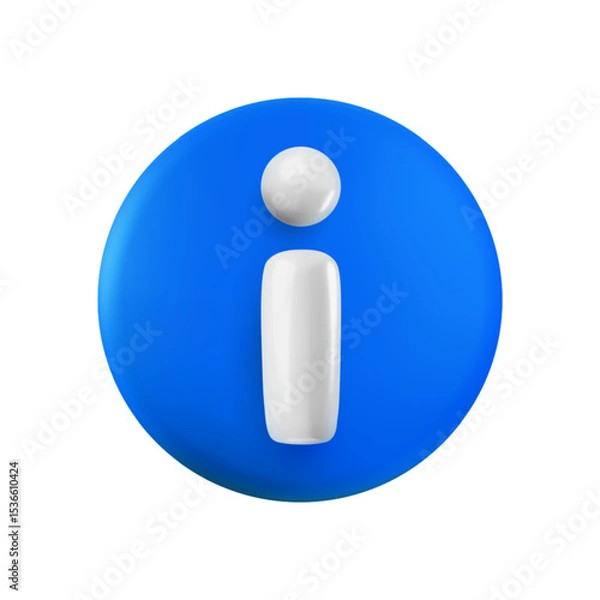 Fototapeta Vector cartoon 3d information sign. Cute realistic render of white i sign in blue circle. Info button for info support, web, help, faq, ui, game, app.