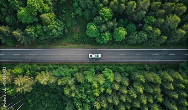 Fototapeta Aerial top view of electric vehicle driving on highway road in green forest. Sustainable transportation, zero emissions, and eco-friendly mobility for reducing carbon footprints. Road infrastructure, 