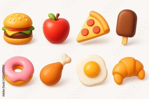 Obraz Set of 3D cartoon food icons including burger, apple, pizza, ice cream, donut, chicken leg, egg, croissant on white background