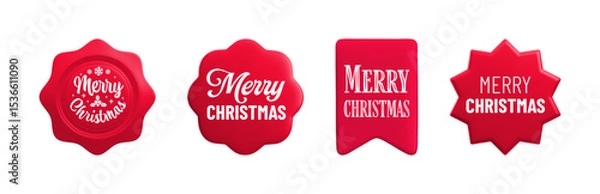 Fototapeta Vector cartoon 3d Merry Christmas sticker medal realistic icon set. Red round wavy, starburst, bookmark season greetings label, Christmas gift tag, Xmas badge. Winter holiday seal with lettering