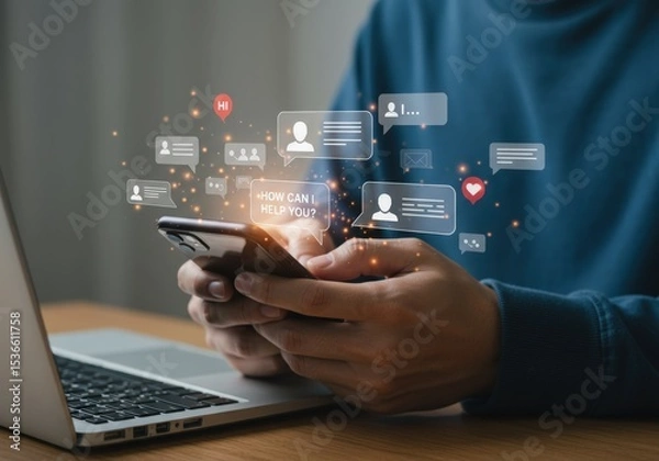 Fototapeta Man using smartphone with chat bubbles and laptop on desk representing online communication and digital interaction