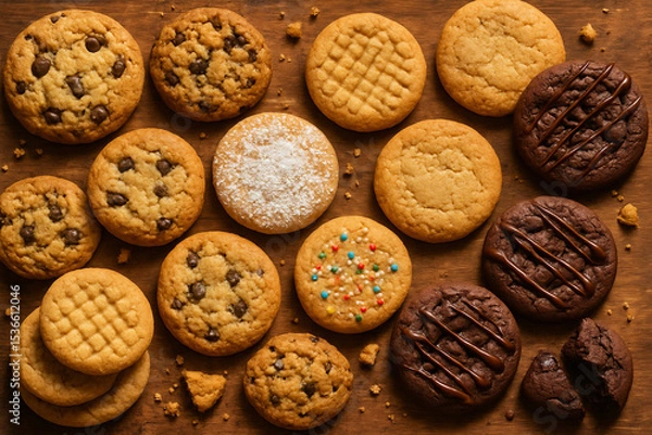 Fototapeta A cozy rustic overhead display of assorted freshly baked cookies on warm textured wooden surface.