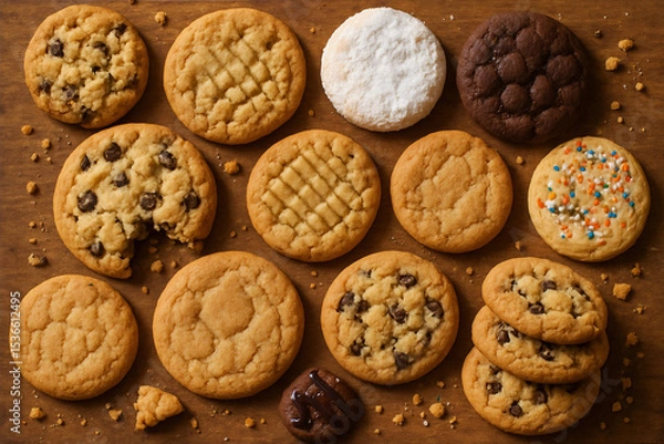 Fototapeta A cozy rustic overhead display of assorted freshly baked cookies on warm textured wooden surface.