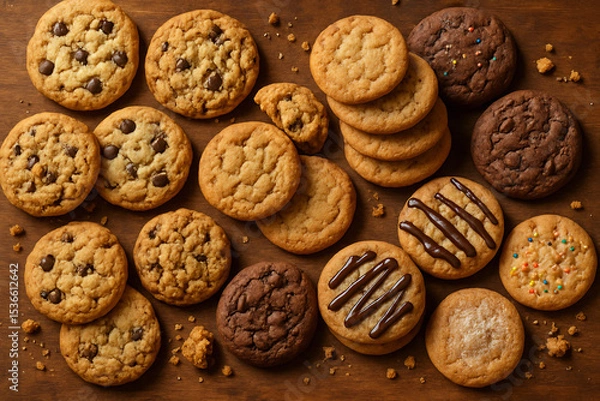 Fototapeta A cozy rustic overhead display of assorted freshly baked cookies on warm textured wooden surface.