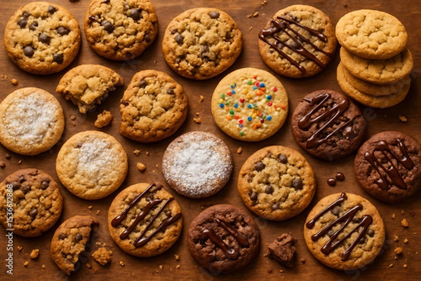 Fototapeta A cozy rustic overhead display of assorted freshly baked cookies on warm textured wooden surface.