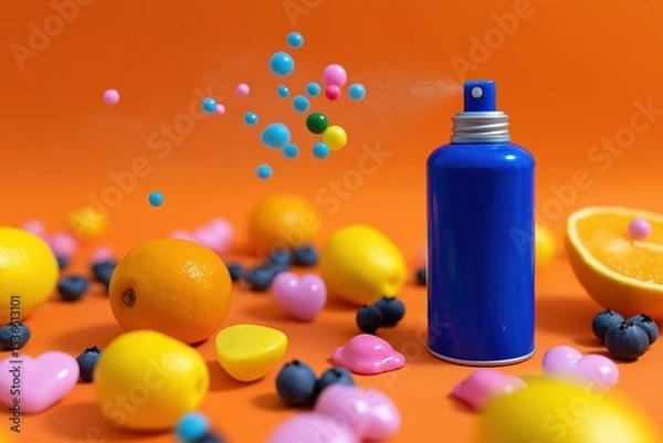 Fototapeta A blue spray bottle with a blue cap is on a table with a variety of fruits and candies