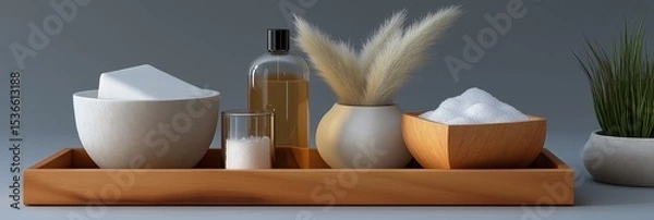 Fototapeta A tray with a variety of items including a bottle of lotion, a vase with flowers, and a bowl of salt