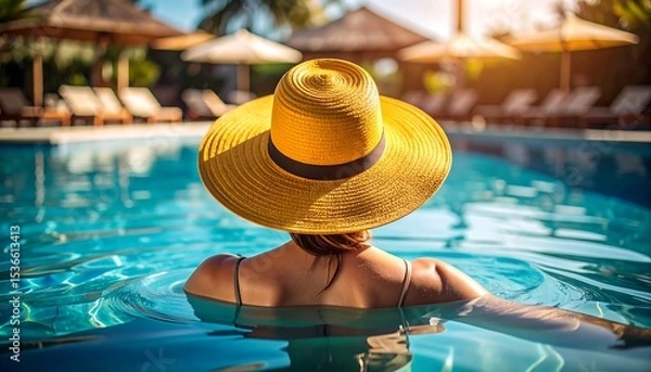 Fototapeta Woman Relaxing in Pool with Wearing Sun Hat, and Luxurious Resort Getaway.