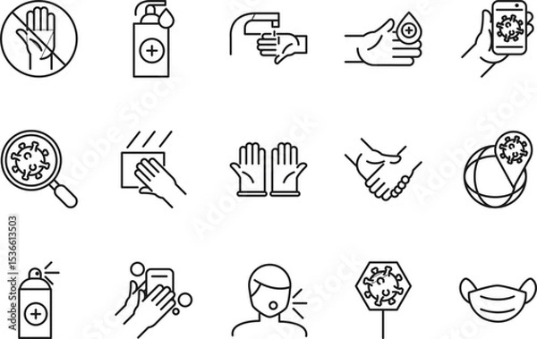 Fototapeta Essential Hygiene Icons Prevention, Protection, and Sanitation Line Art Graphics for Websites and Applications