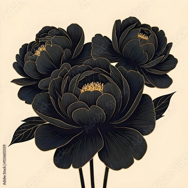 Fototapeta Vector image with black peonies.