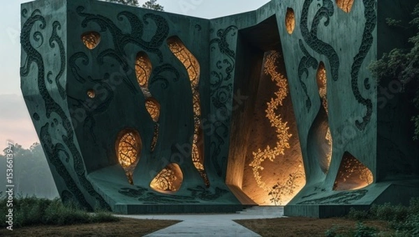 Fototapeta Concrete structure with ornate carvings, botanical motifs, and glowing openings in nature