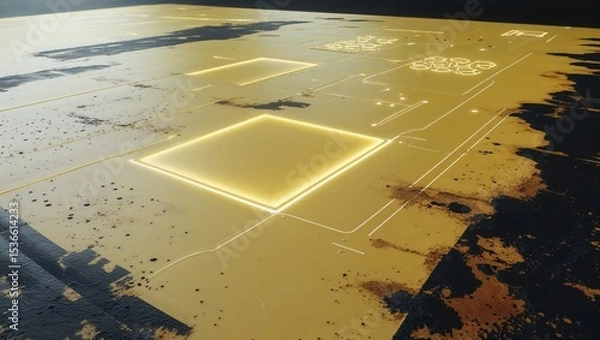 Fototapeta Futuristic tech panel with glowing elements on a weathered surface, overhead perspective