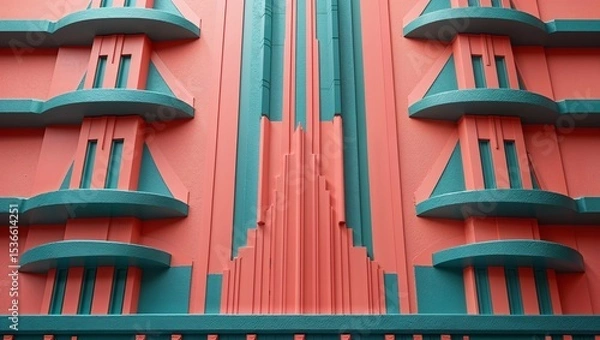 Fototapeta Art Deco building facade in teal and coral, architectural detail in Miami Beach style