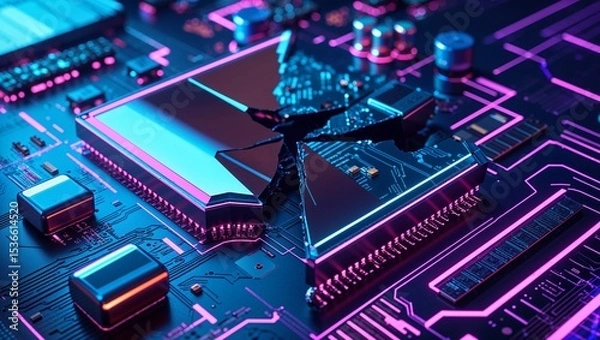 Fototapeta Vivid close-up of a fragmented computer chip with vibrant neon blue and pink highlights