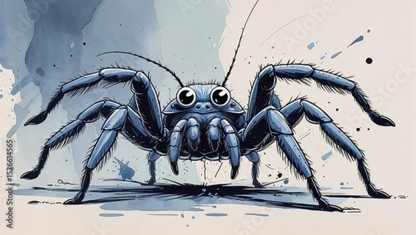 Fototapeta Playful Blue Watercolor Spider with Googly Eyes and Eight Legs on a White Background