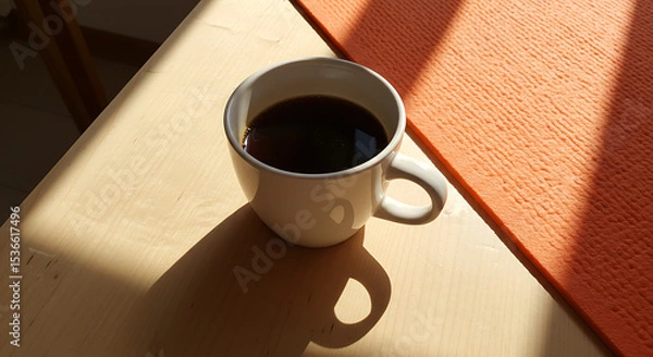 Fototapeta Morning Coffee Ritual: A steaming cup of dark coffee sits on a light wooden table next to an orange yoga mat, bathed in sunlight. The scene evokes a sense of calm and mindfulness. 