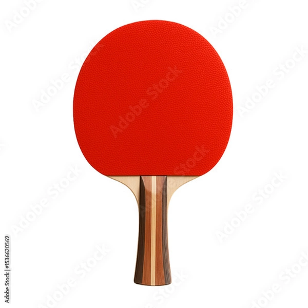 Obraz A close-up of a table tennis paddle with red rubber and a wooden handle, isolated on a white background, highlighting its design and craftsmanship. Perfect for sports equipment and ping pong-related c