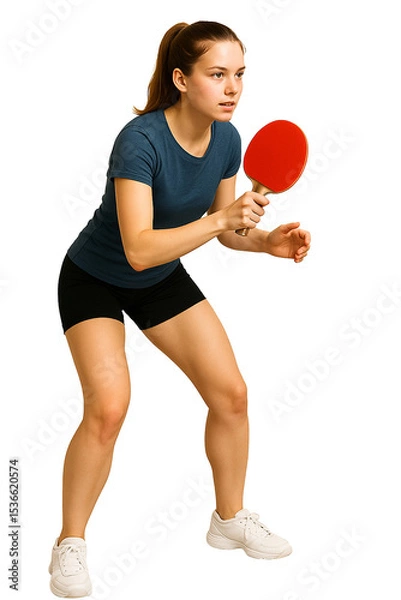 Obraz A young woman dressed in a blue athletic T-shirt and black shorts is preparing for a game of table tennis. She stands in an athletic stance, holding a red paddle with focus and determination