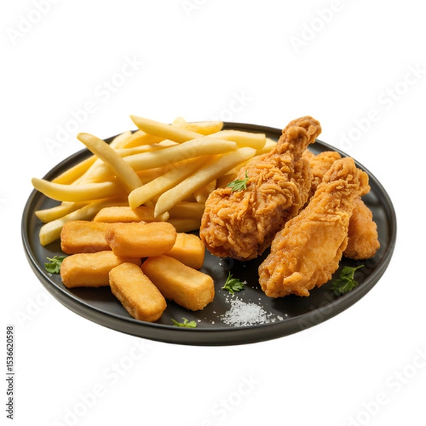 Fototapeta Delicious fried chicken drumsticks with fries and potato bites served on a black plate