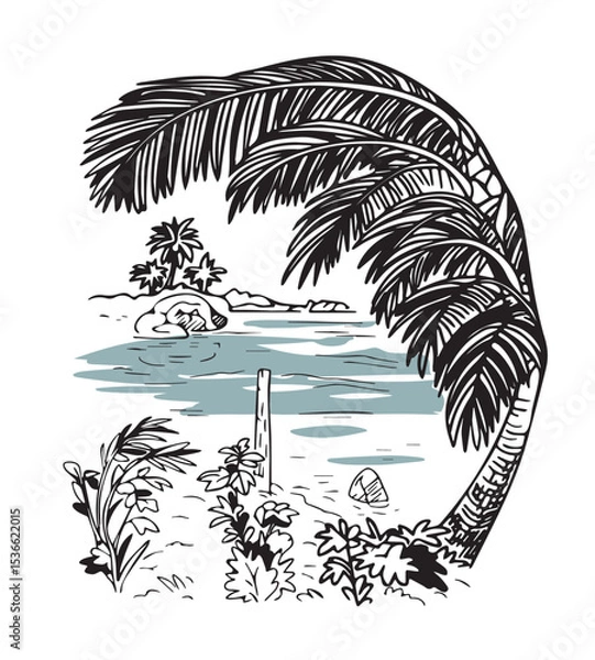 Fototapeta seascape with palm tree vector sketch