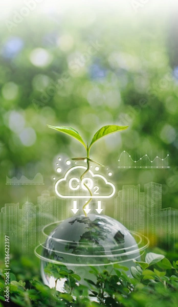 Fototapeta Sustainable Environment: Seedling Absorbing CO2 on Earth Globe