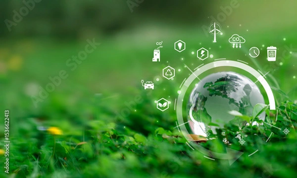 Obraz Sustainable Future: Earth Globe Surrounded by Green Energy Solutions